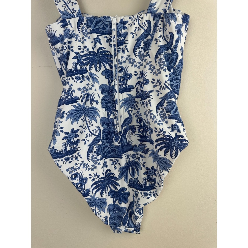 STAUD Adelaide Blue Toile One Piece Swimsuit Corset Boning M Tropical Dog Print - Picture 10 of 14